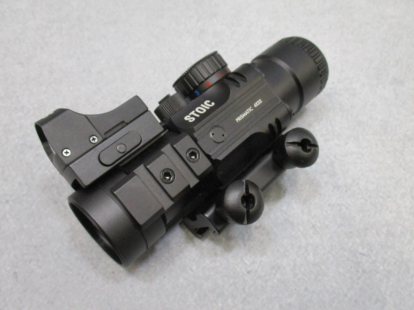 Centex Military Gear STOIC 4x32 prismatic scope with mini reflex sight featuring red/blue and red/green reticles mounted on firearm
