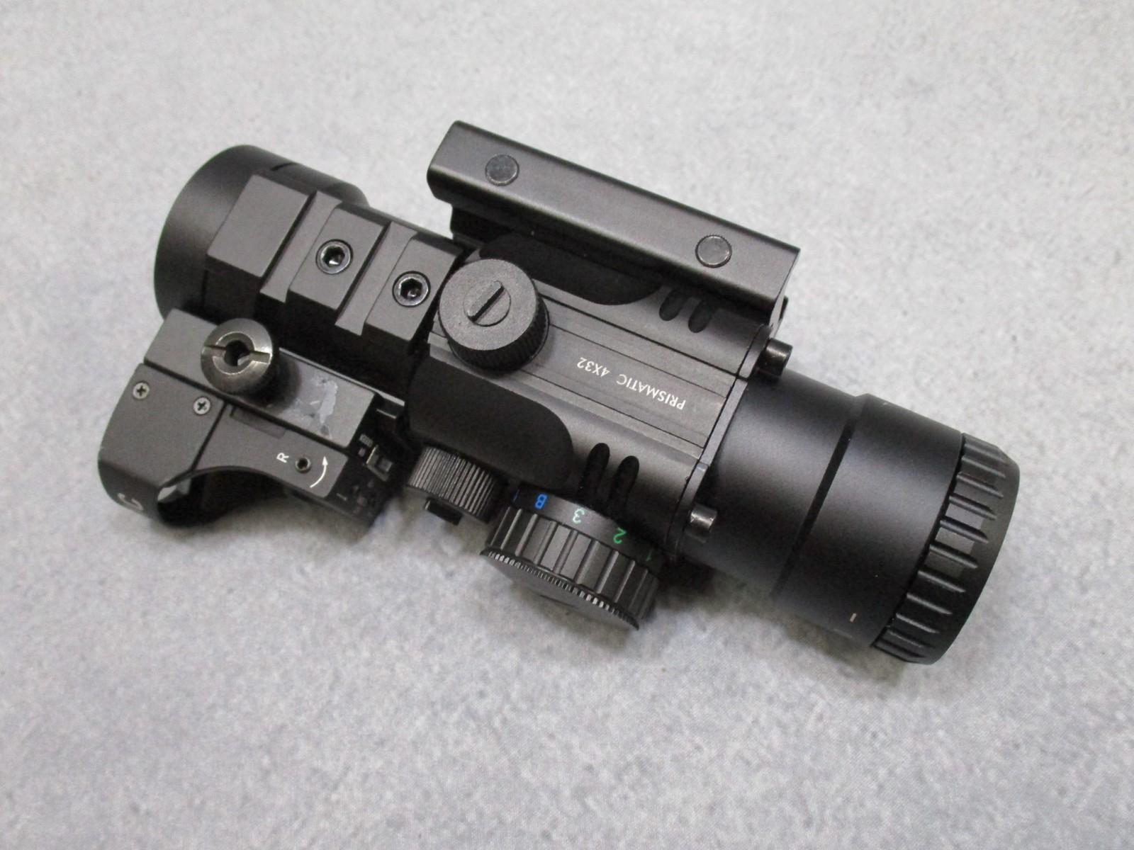 Centex Military Gear STOIC 4x32 prismatic scope with mini reflex sight, red/blue and red/green reticles, mounted on rifle.