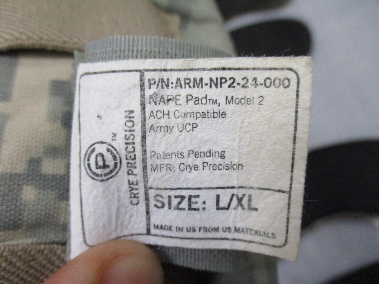 Crye Precision NAPE pads ACH UCP lot 14 with inserts in S/M and L/XL, USGI Army Digital camouflage, used by military personnel.