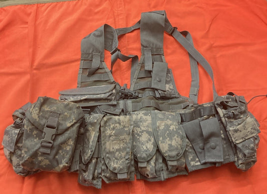 Army issue Riflemen set with ACU FLC vest, tactical Molle gear, and accessories from Centex Military Gear, displayed on a plain background.