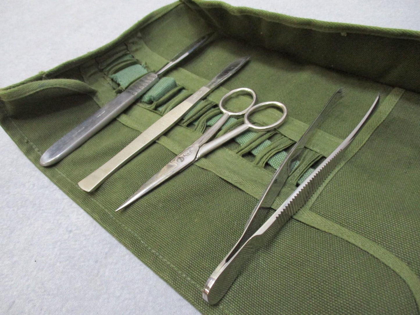 Vintage Surgical Instrument Roll Kit w/ Scalpel Scissors Forceps - Germany/USA