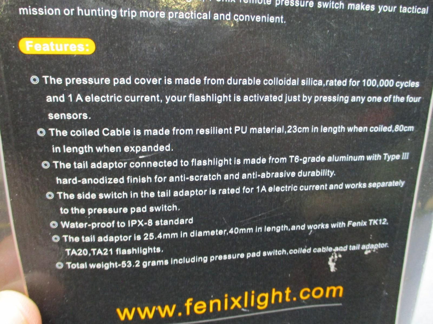Fenix AR102 Remote Pressure Switch Cable End Cap for Tactical Flashlights - New