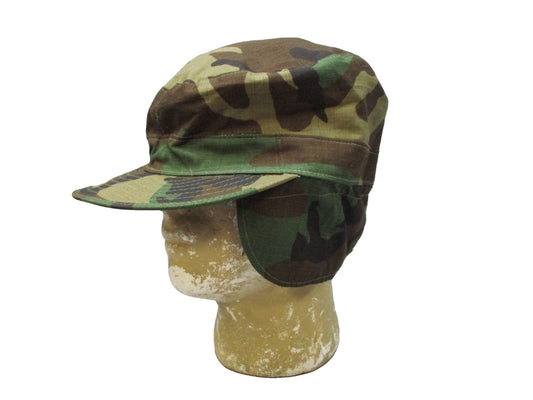 US Military Woodland Camo Cap 7 3/4 100% Cotton Ear Flaps Patrol Hat BDU M81