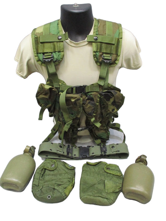 US Military ALICE Load Bearing Vest Woodland Camo w/ Belt & 2 Canteens LBV 88