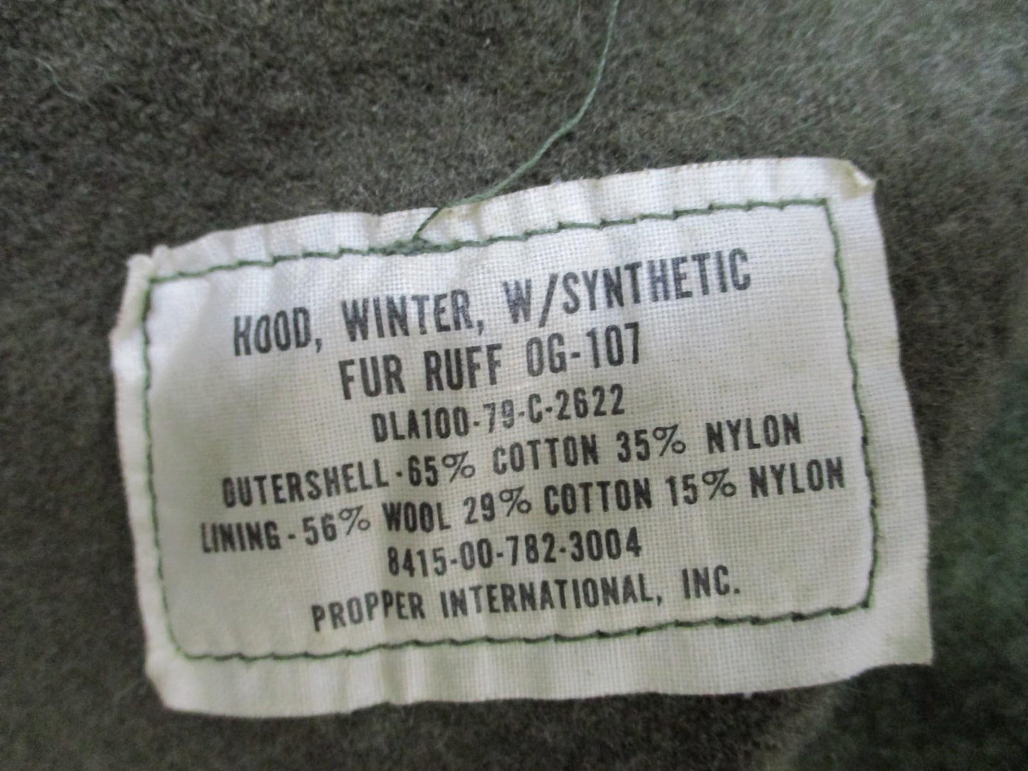 US Military OG-107 Winter Hood Synthetic Fur Ruff Cotton Nylon Lined