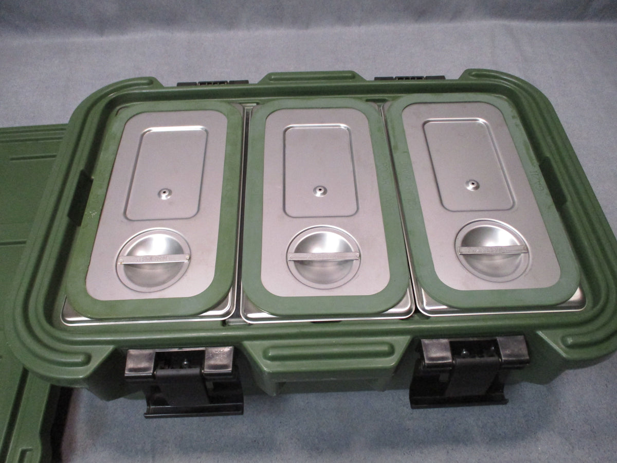 Cambro UPCS160 OD green insulated food carrier with 3 food pans and lids, made in USA