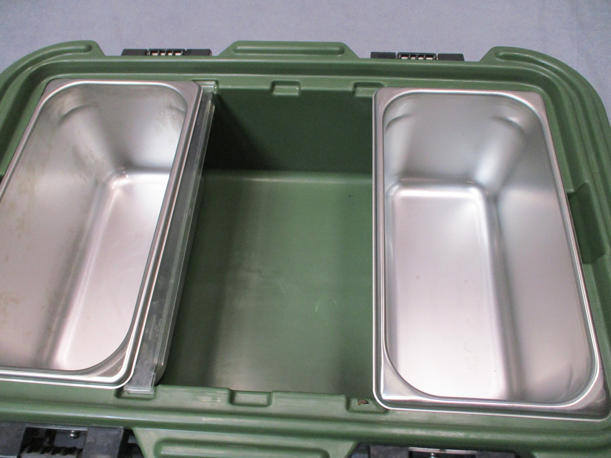 Cambro UPCS160 OD green insulated food carrier with three pans and lids, made in USA