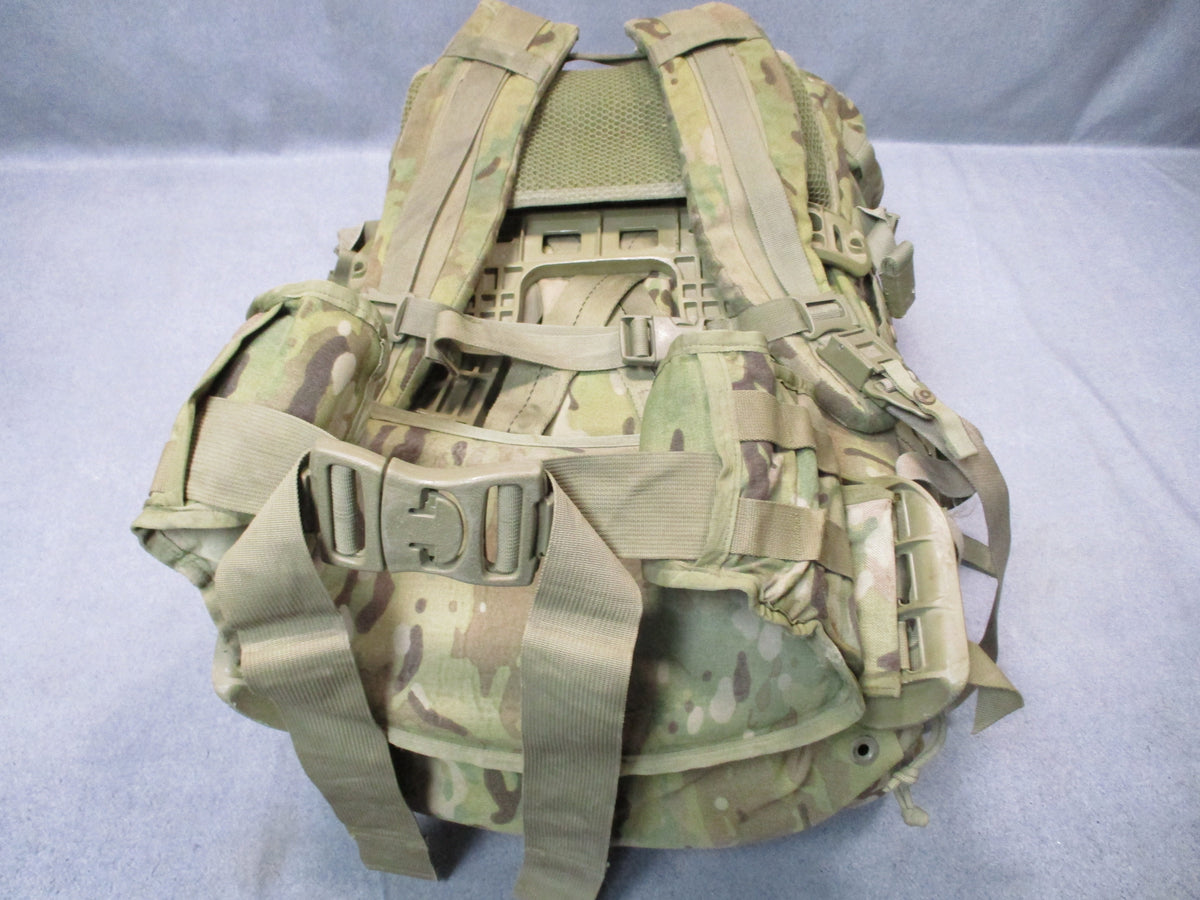 MOLLE 4000 Airborne rucksack in camouflage with cracked frame, used fair condition