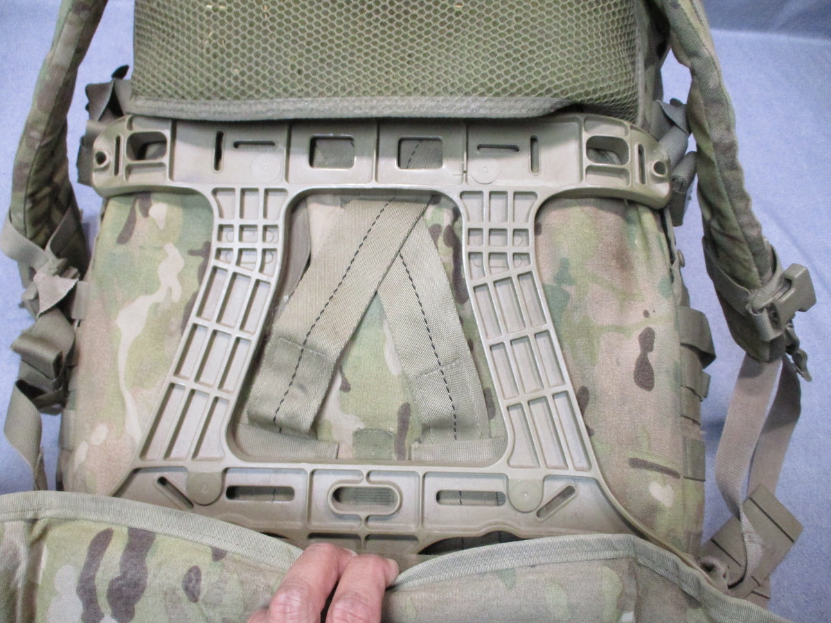 MOLLE 4000 Airborne test item rucksack in camouflage with cracked frame and used fair condition