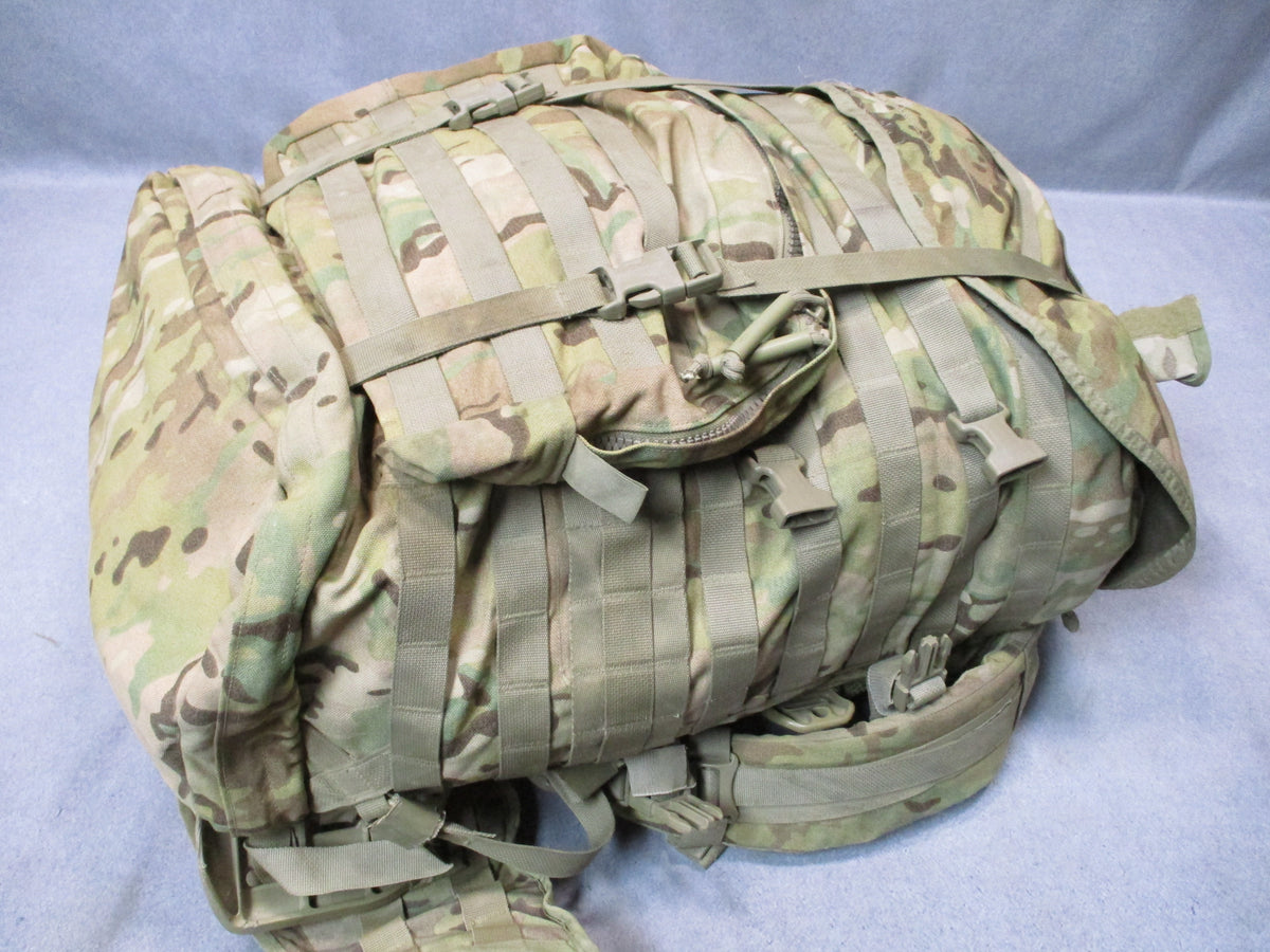 MOLLE 4000 Airborne test item rucksack in camouflage with cracked frame and used fair condition