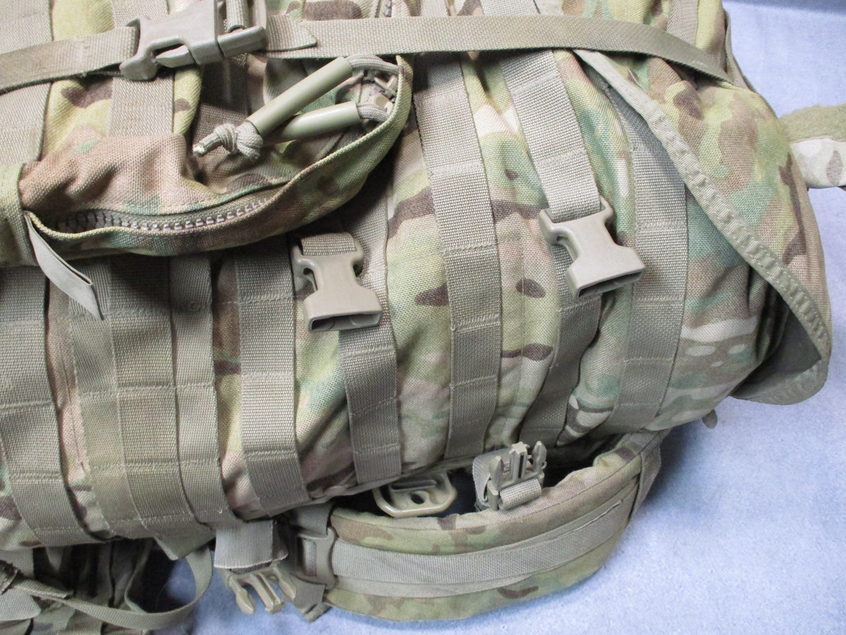 MOLLE 4000 Airborne Test Item rucksack camo pack with cracked frame, used fair condition