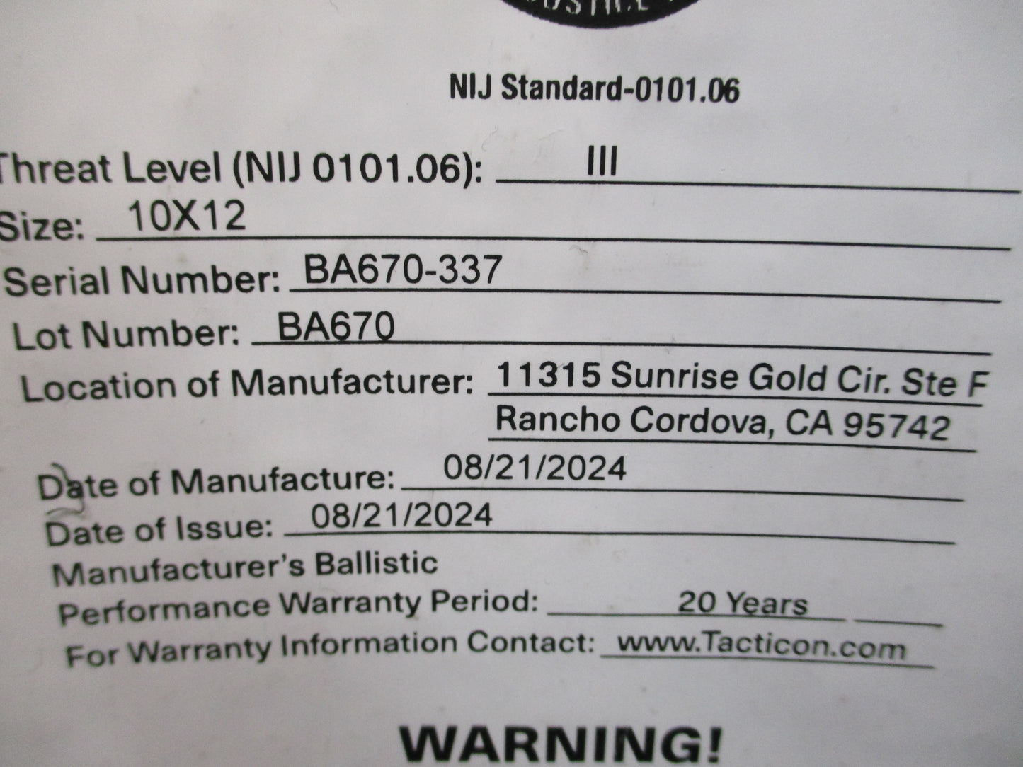 Tacticon Armament TA600STL Level III 10x12 Plate Set Pair Pre-Owned