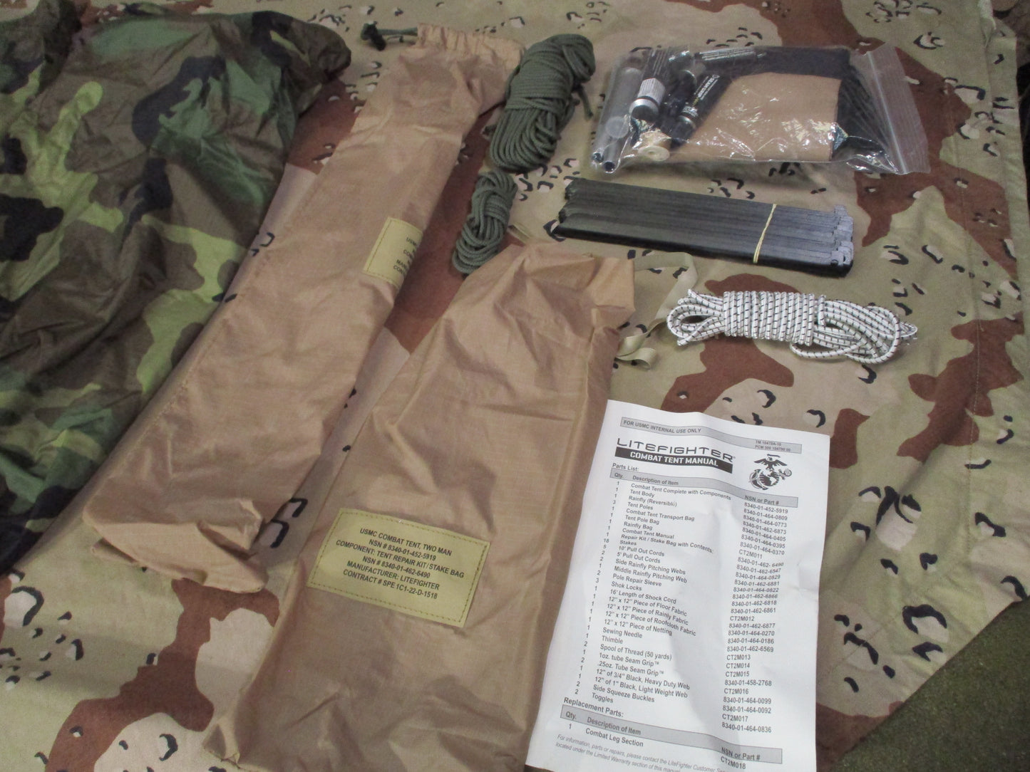 USMC LiteFighter 2 Man Combat Tent Woodland Tan Complete NSN 8340-01-452-5919