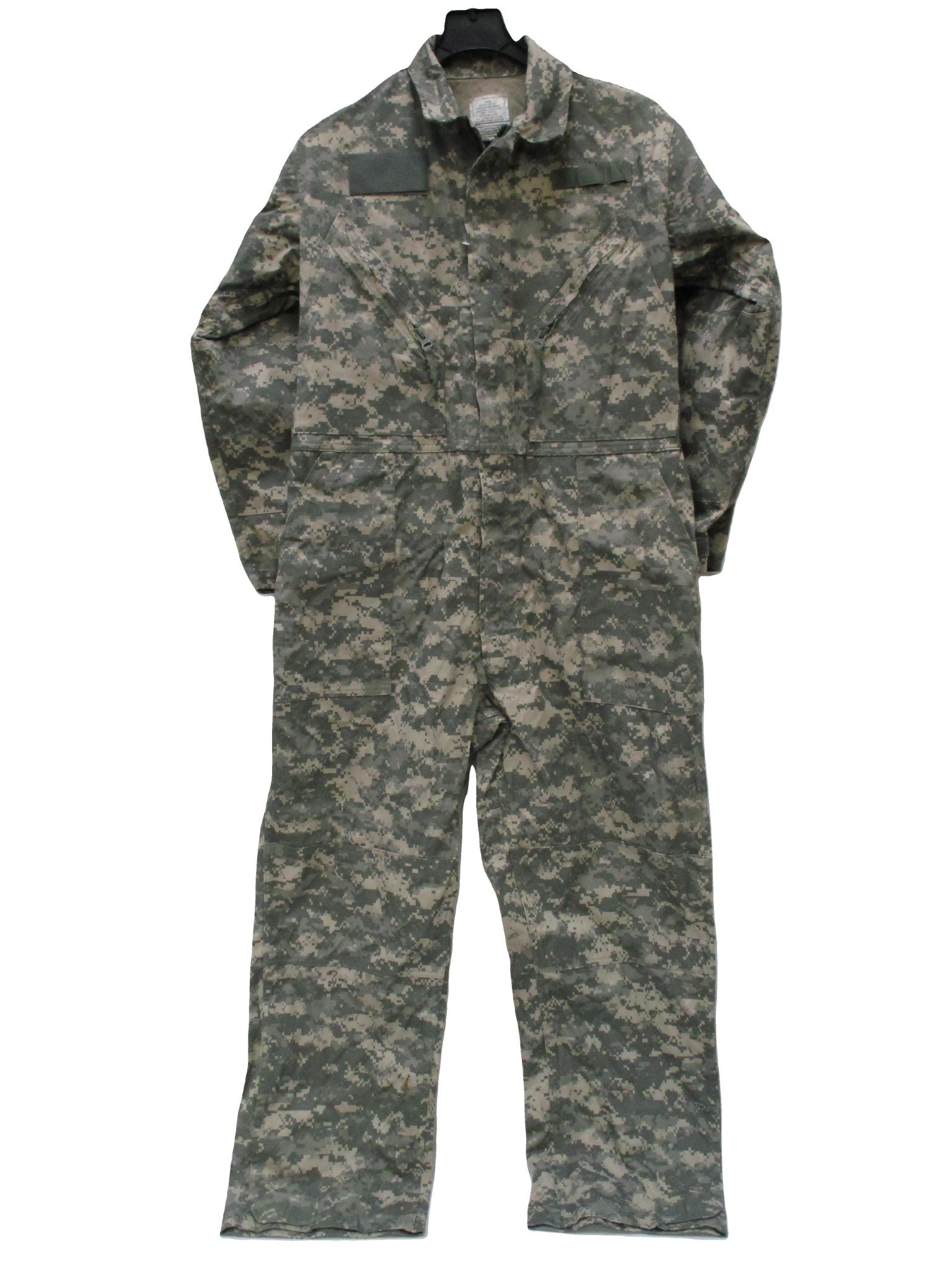 Used Centex Military Gear UCP Type III mechanic coveralls in large size, ACU digital camouflage, military issue, front view.