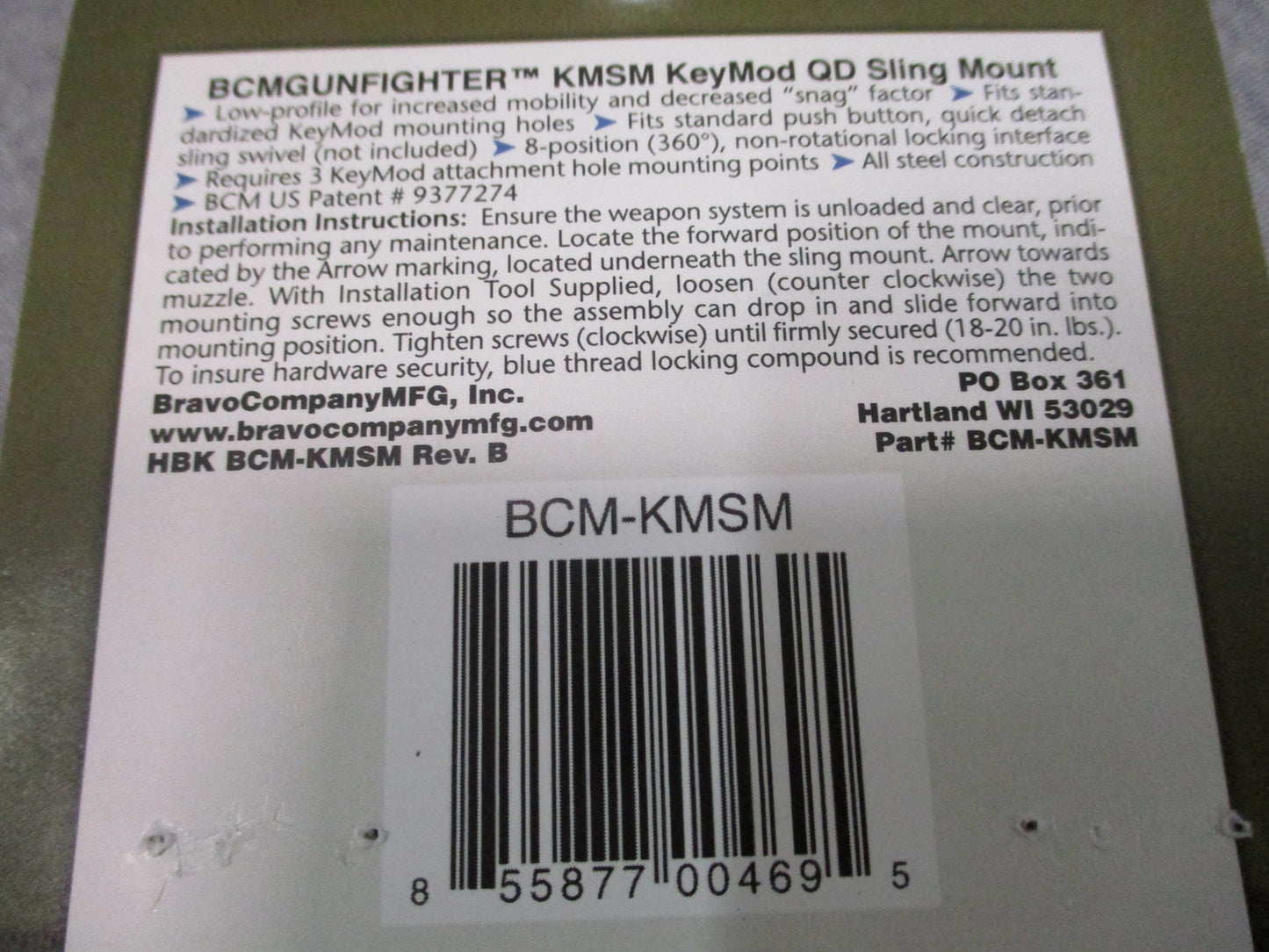 BCM GUNFIGHTER BCM-KMSM KeyMod QD Sling Mount for Rifle Carbine New