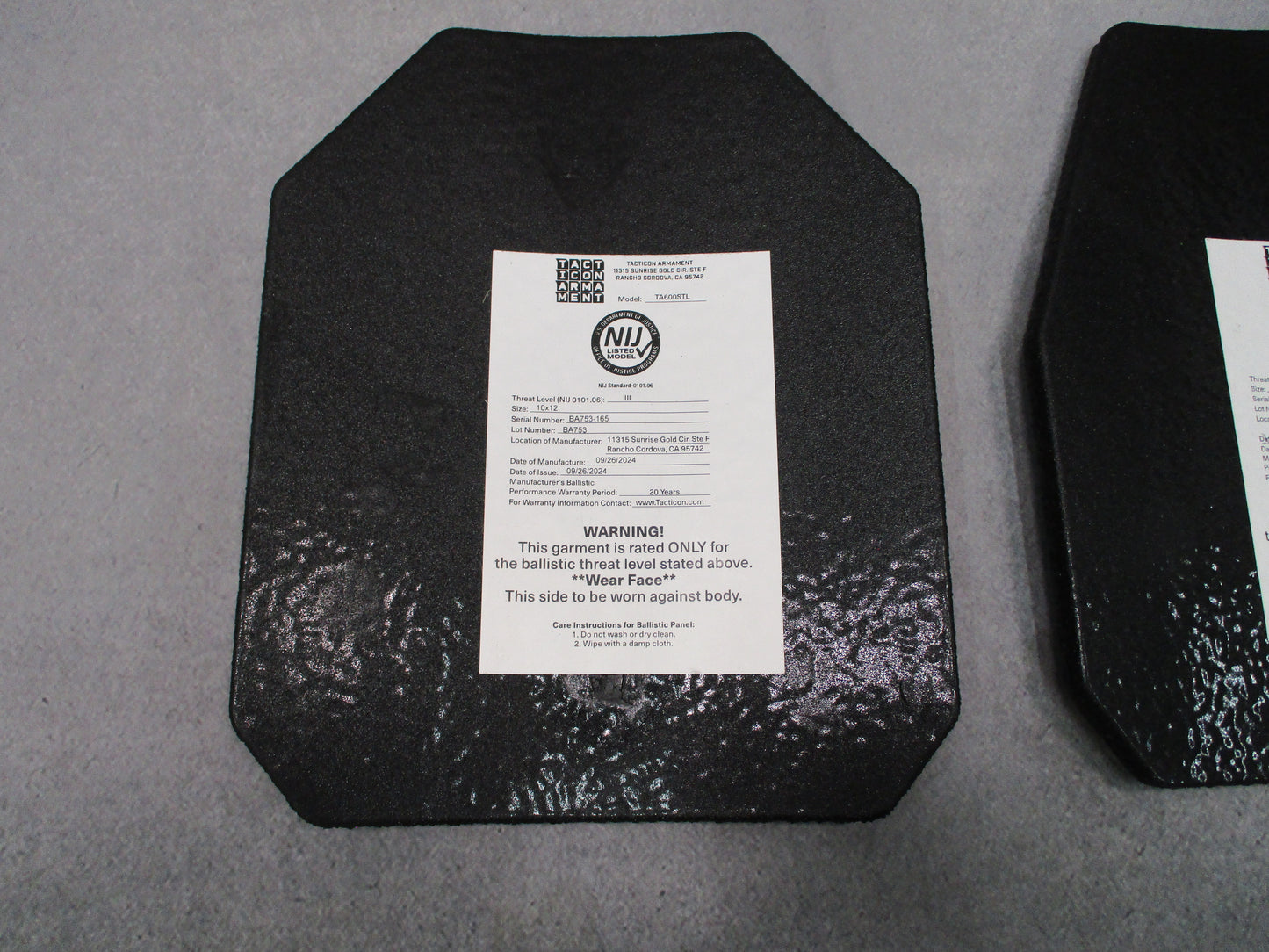 Tacticon Armament TA600STL Level III 10x12 Plate Set Pair Pre-Owned