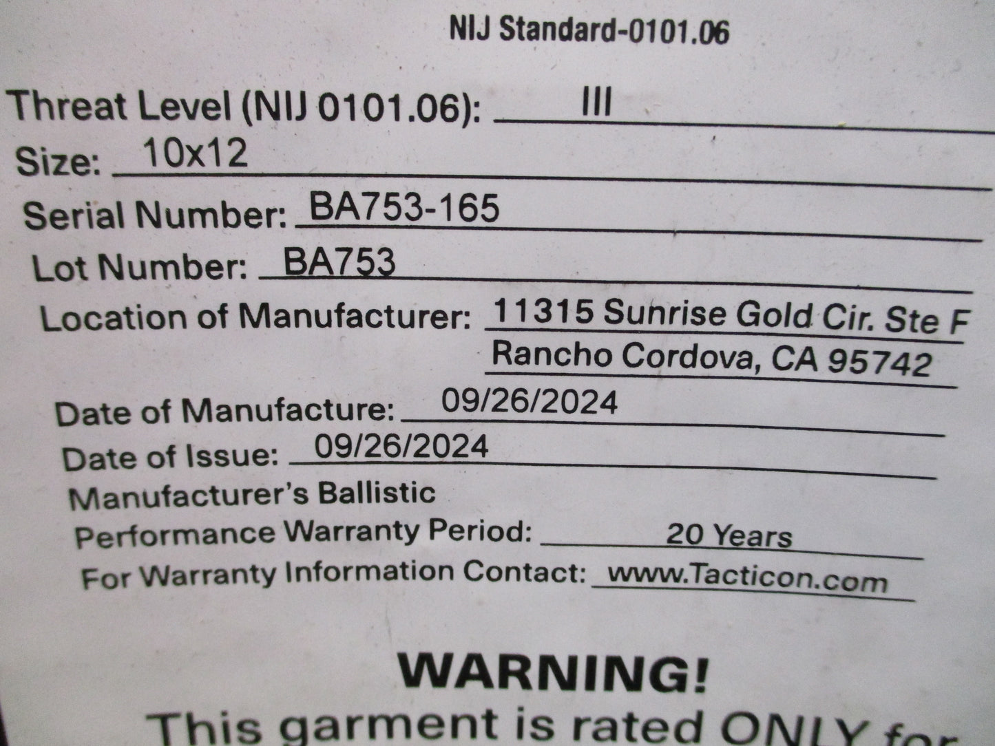 Tacticon Armament TA600STL Level III 10x12 Plate Set Pair Pre-Owned