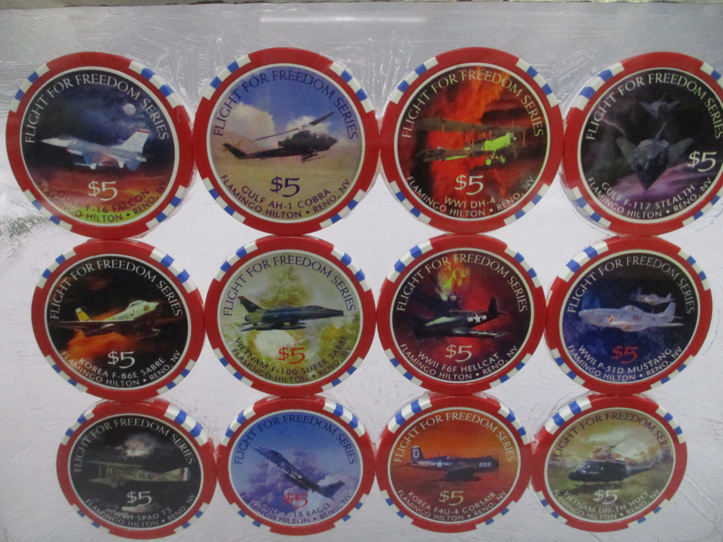 Flamingo Hilton Reno Flight for Freedom Casino Chip Display 12 Chip Framed 1997