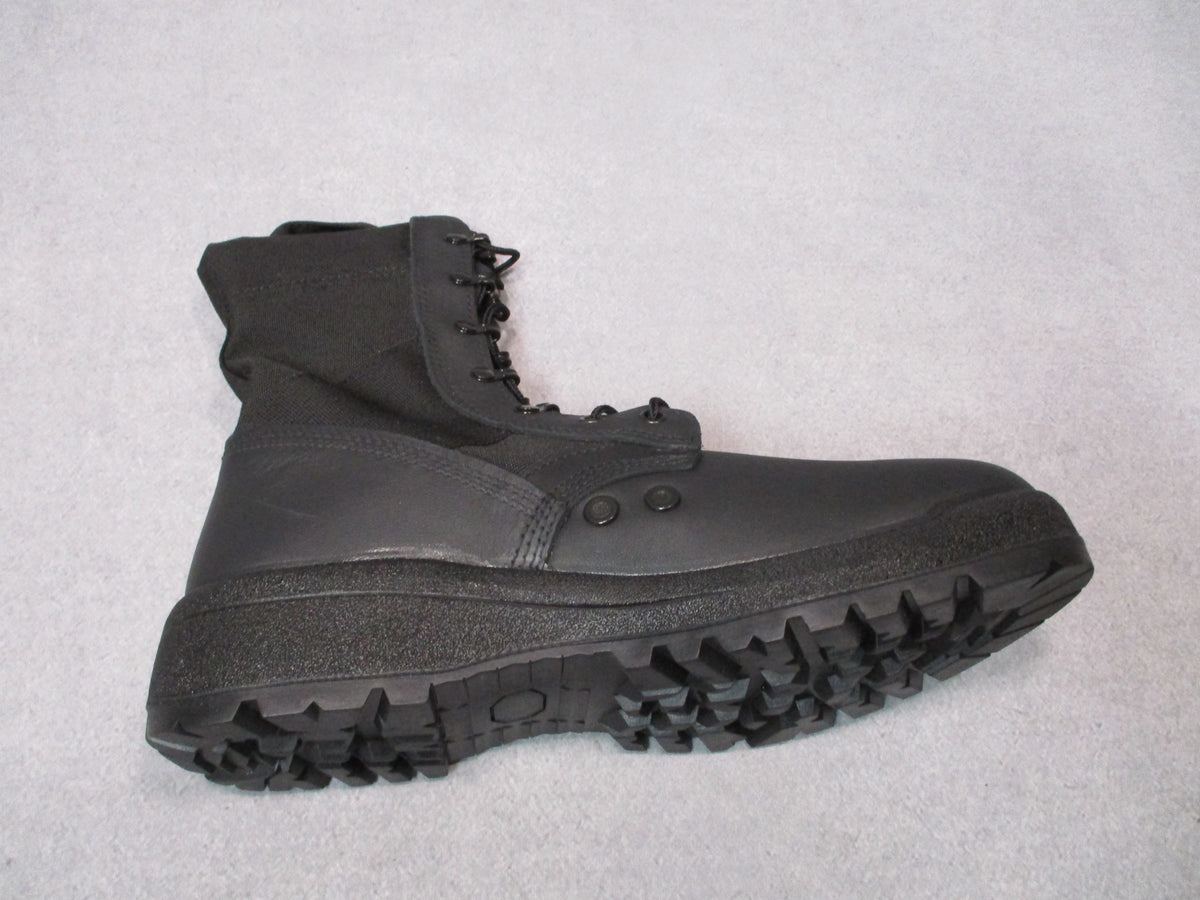 Black Propper military hot weather combat boots for men, US size 10 medium, side view showing sturdy leather and tactical design.