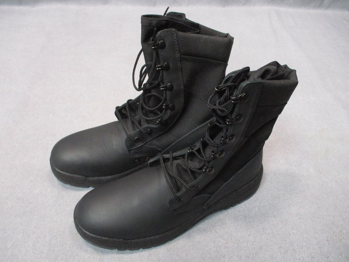 Black Propper military hot weather combat boots for men, US size 10, UK 9.5, shown on a shelf with rugged design and sturdy soles.