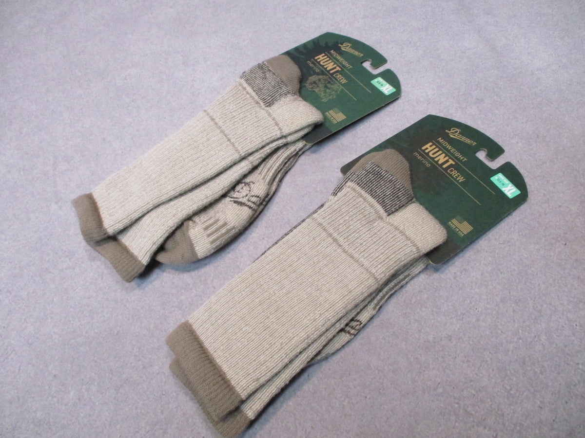 Two pairs of Danner Midweight Hunt Crew merino wool socks in XL, sizes 12.5-15, USA made