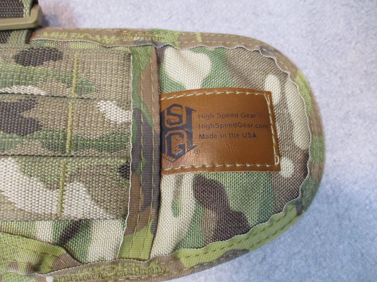 High Speed Gear Sure-Grip padded battle belt in Small MultiCam with MOLLE webbing and USA-made construction