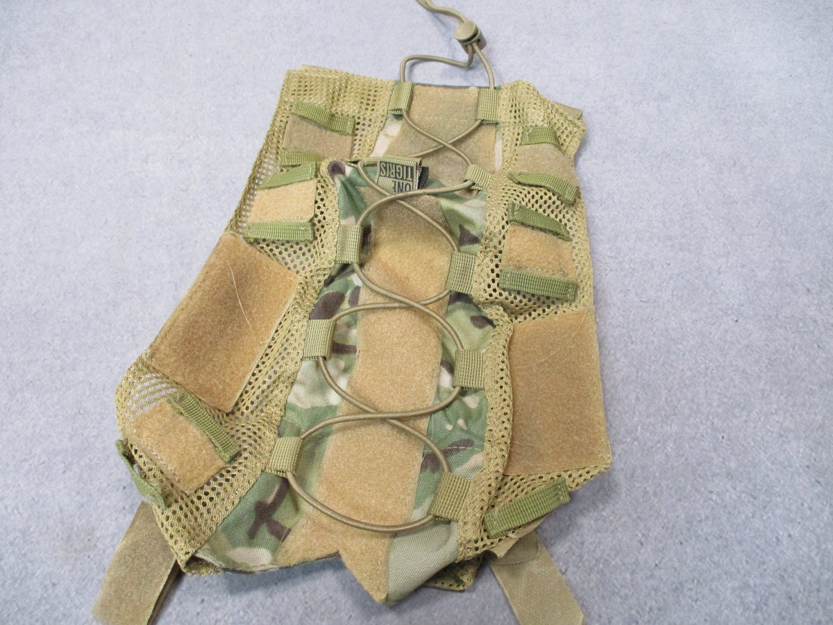 OneTigris tactical helmet cover in Multicam OCP style with mesh and bungee cords, designed to fit standard military helmets.