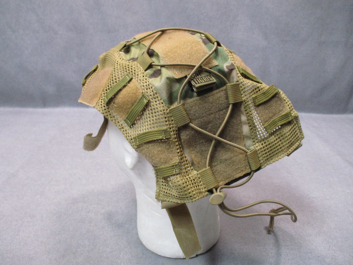 OneTigris Multicam OCP tactical helmet cover with mesh and bungee, designed for military-style helmets, one size, used condition.
