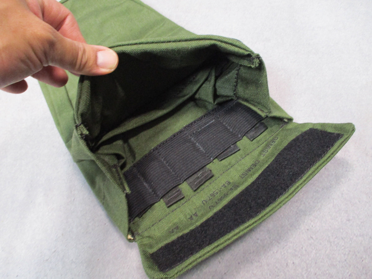 Military Surplus AN/PVS-7B night vision goggle OD green carry pouch bag, NOS, with secure strap and compact design.