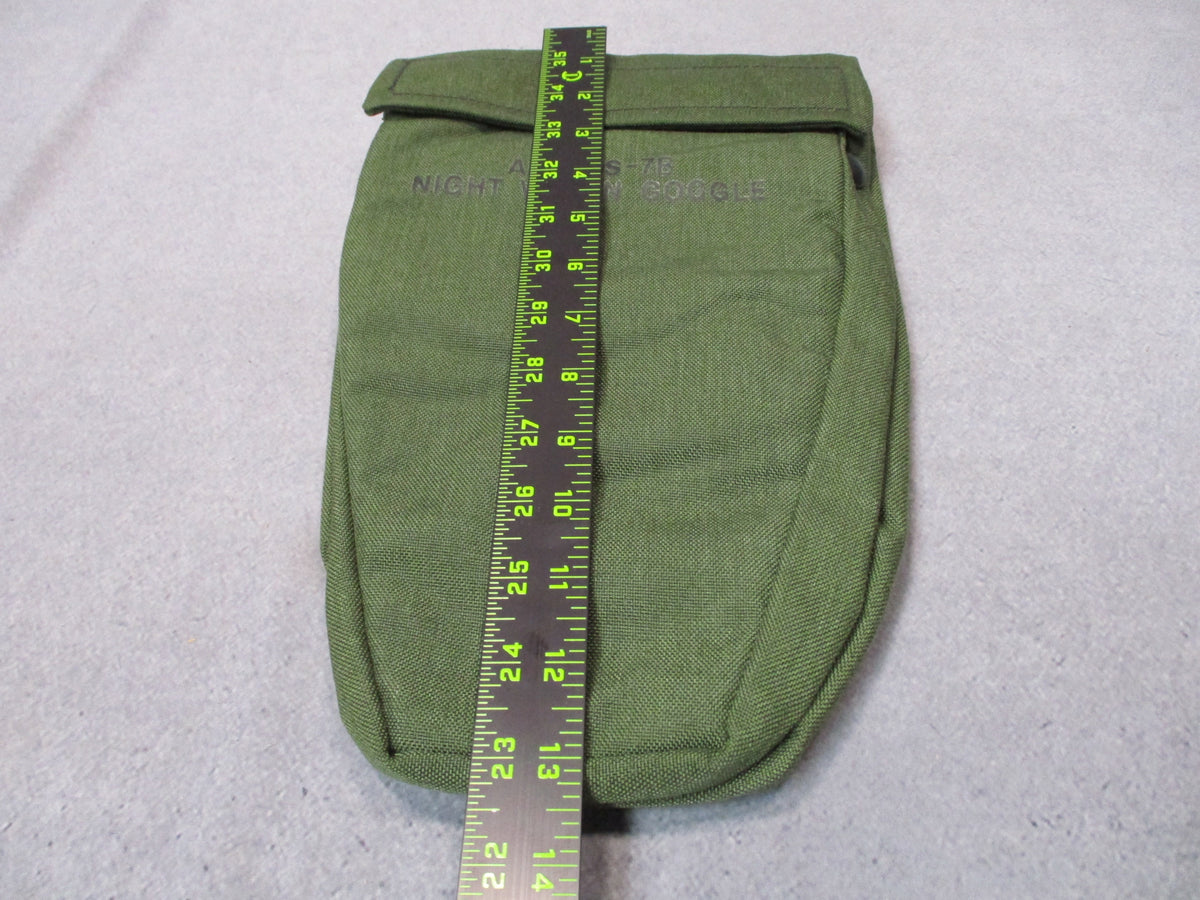Military Surplus AN/PVS-7B night vision goggle OD green carry pouch bag, new old stock, with adjustable strap and durable fabric.