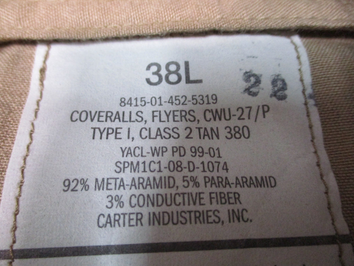 USGI CWU-27/P Flyers Coveralls Tan 38L FR Aramid Flight Suit 8415-01-452-5319