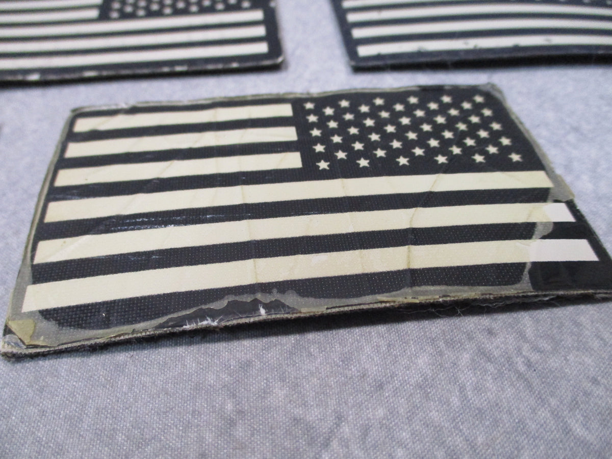 Five USGI reverse American flag IR patches with hook backs, 3.25 x 2 inches, used fair condition