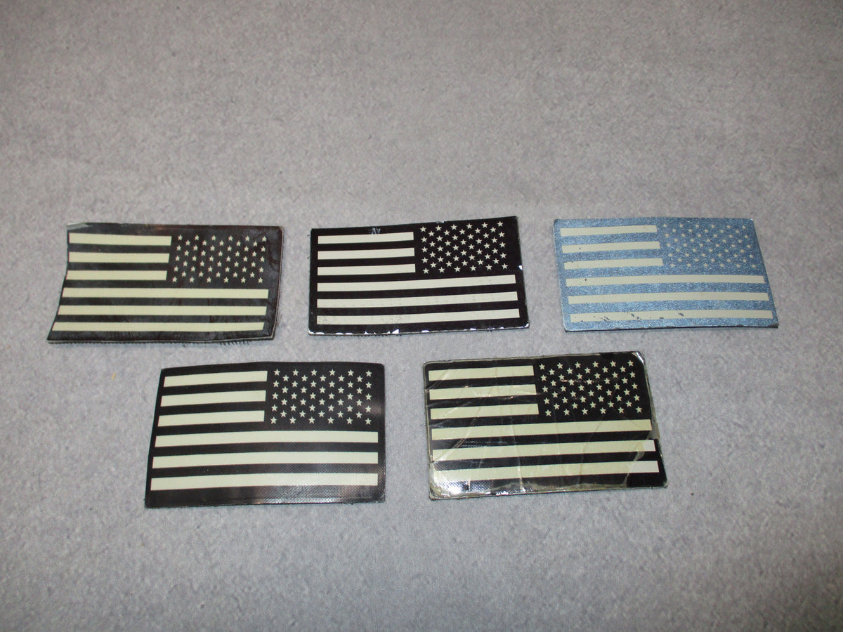 5-pack USGI reverse American flag IR patches with hook backing, 3.25 x 2 inches, used fair condition