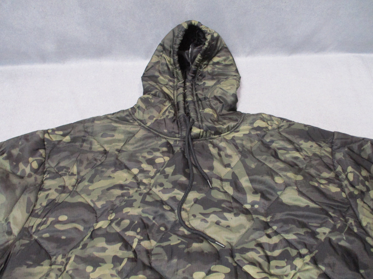 Woobie Gear black Multicam men's 3XL quilted pullover hoodie poncho liner shown front view