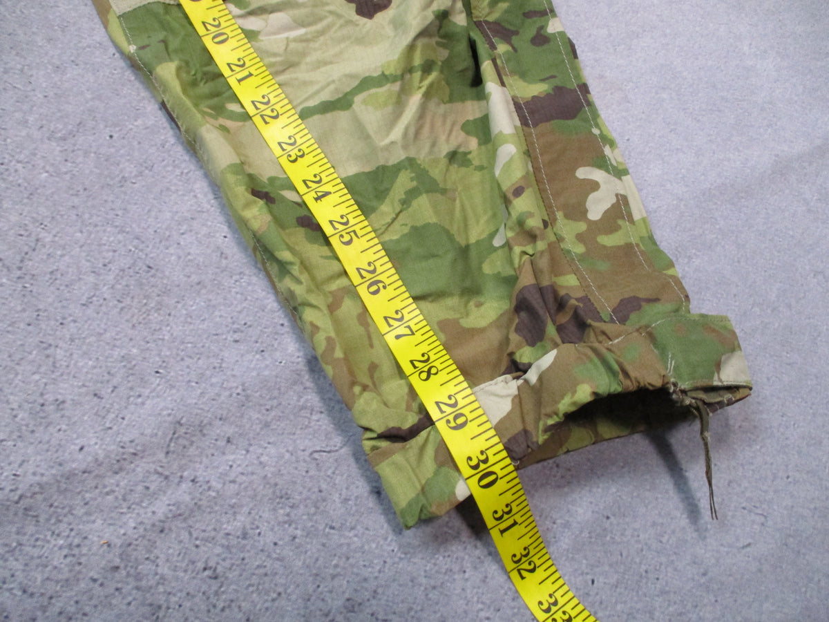 USGI ECWCS Gen III Level 6 OCP Gore-Tex pants, medium regular, camouflage shell pants shown flat-lay