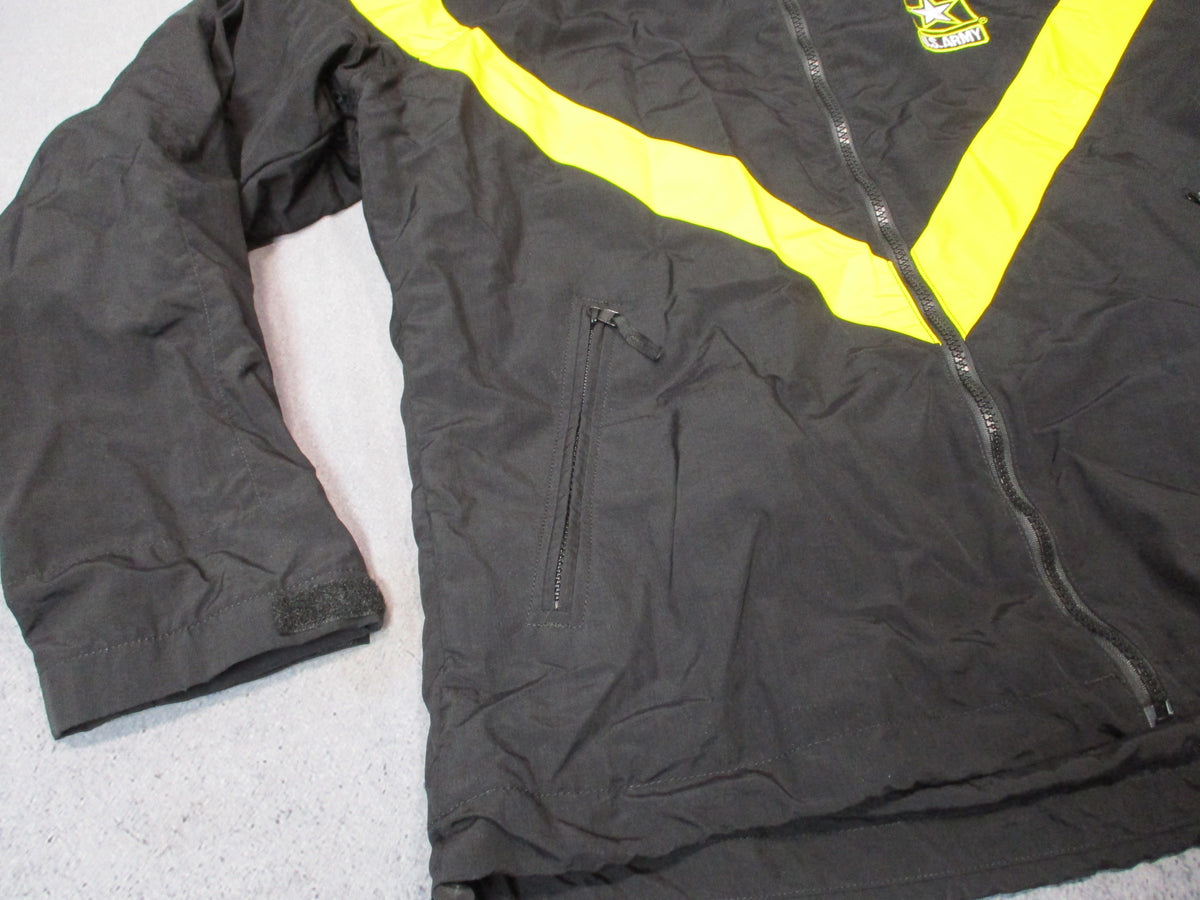 UNICOR US Army APFU women's medium regular PT jacket in black and yellow nylon fitness uniform style