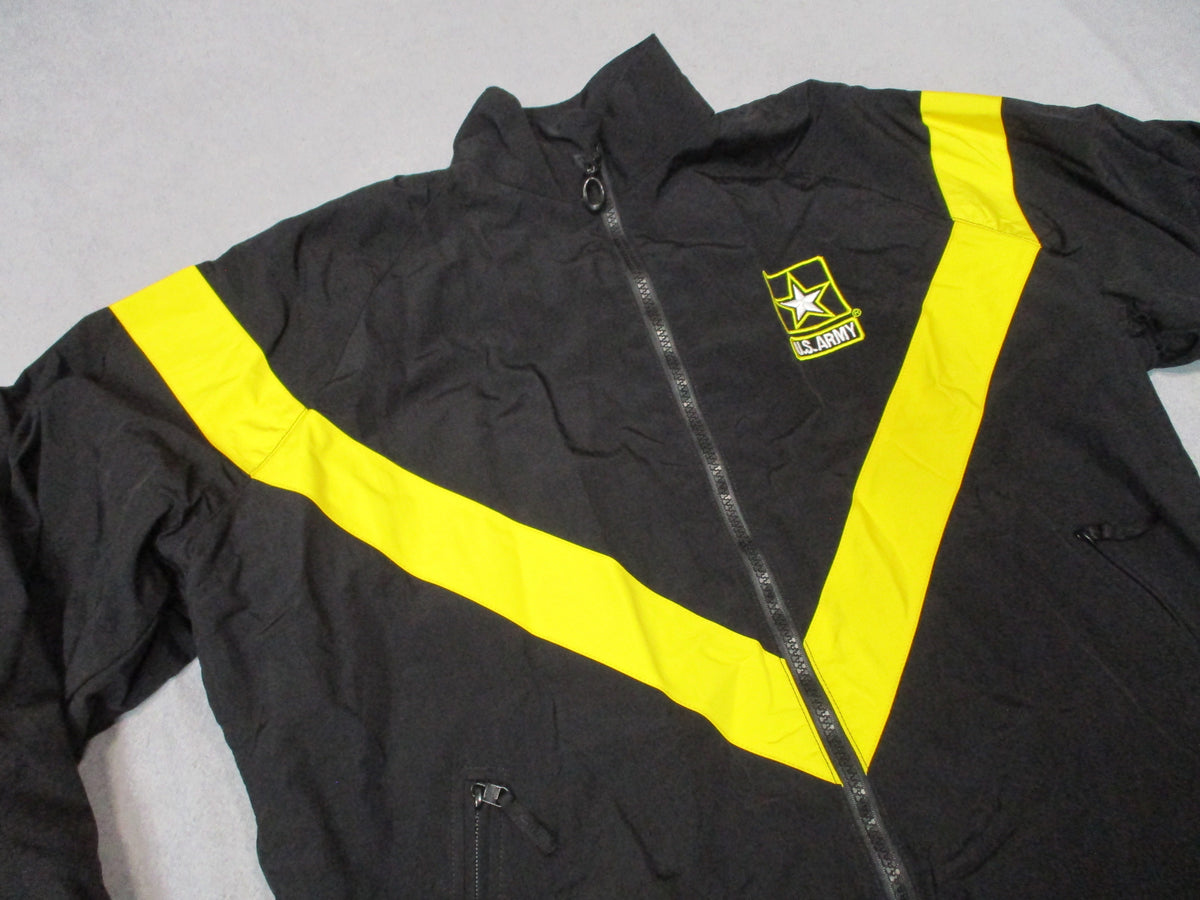 UNICOR women's US Army APFU PT jacket, medium regular, black and yellow nylon fitness uniform front view