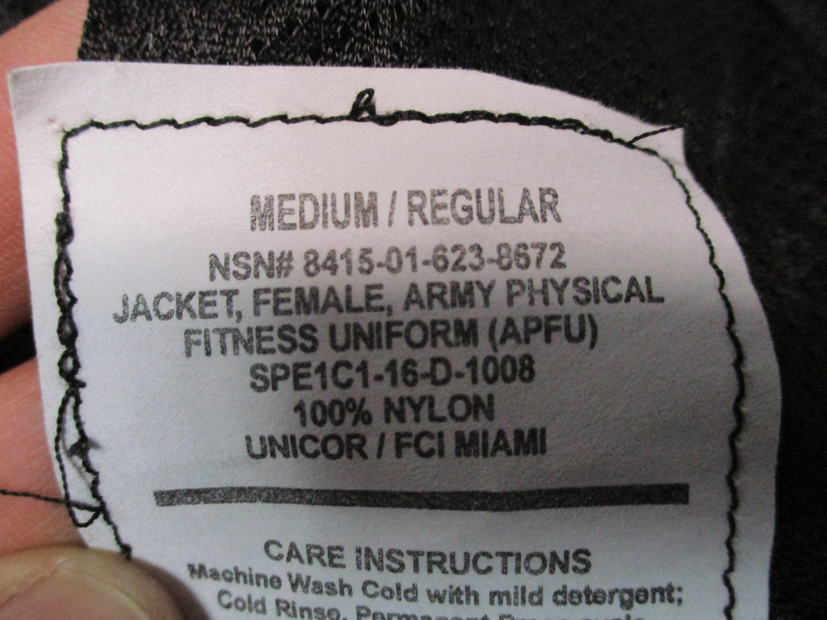 UNICOR US Army APFU women's medium regular PT jacket in black and yellow nylon fitness uniform style