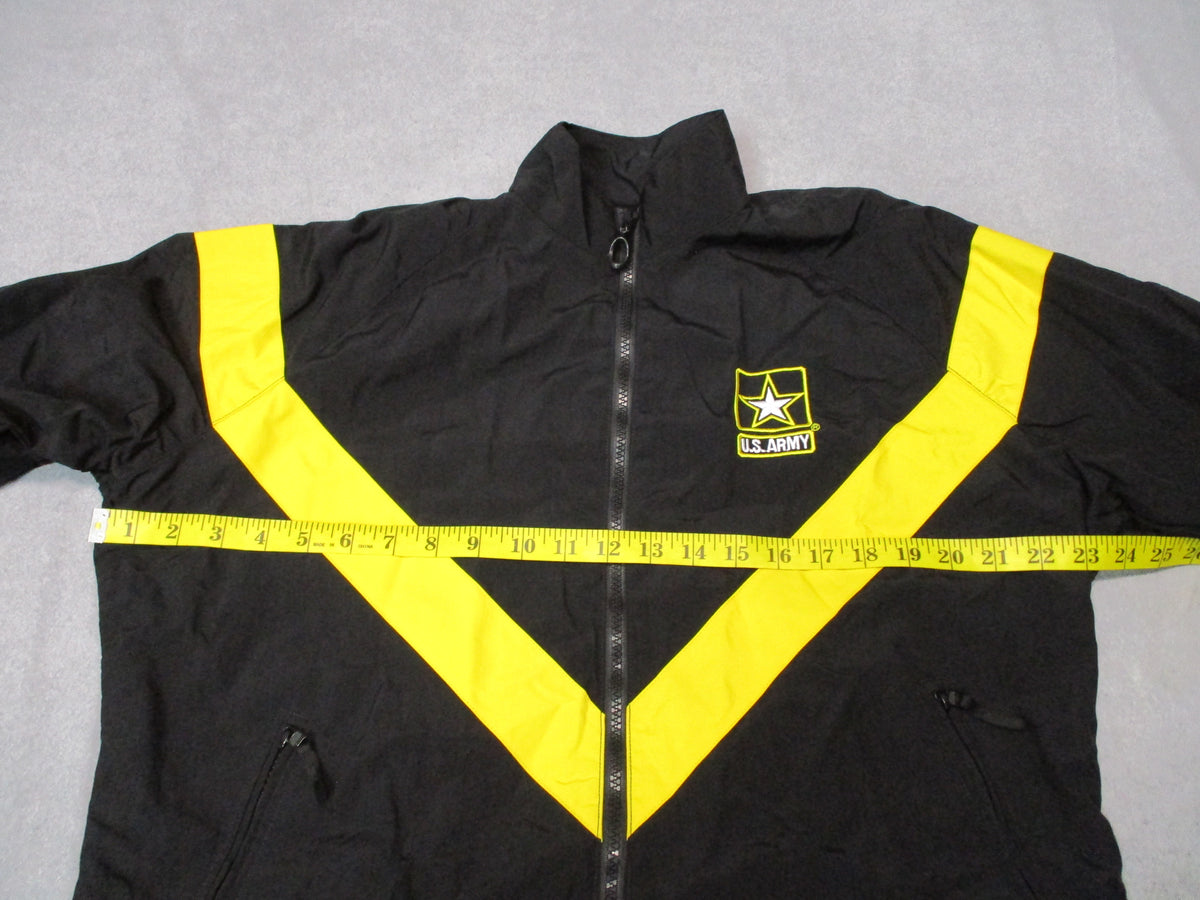 UNICOR women's medium regular US Army APFU PT jacket in black and yellow nylon fitness uniform style