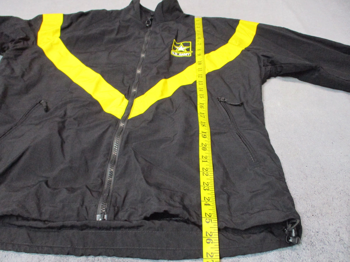 UNICOR women's US Army APFU PT jacket, medium regular, black and yellow nylon fitness uniform jacket