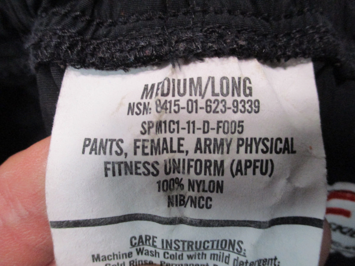 Women's medium-long black Skilcraft US Army APFU PT pants in nylon fabric