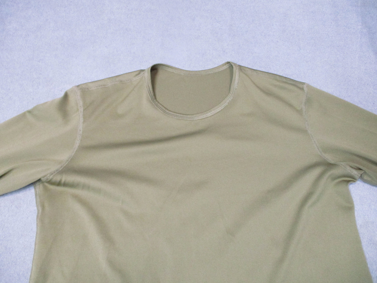 Milliken Military Silkweight Base Layer Top in Tan 499, front view with long sleeves and crew neck
