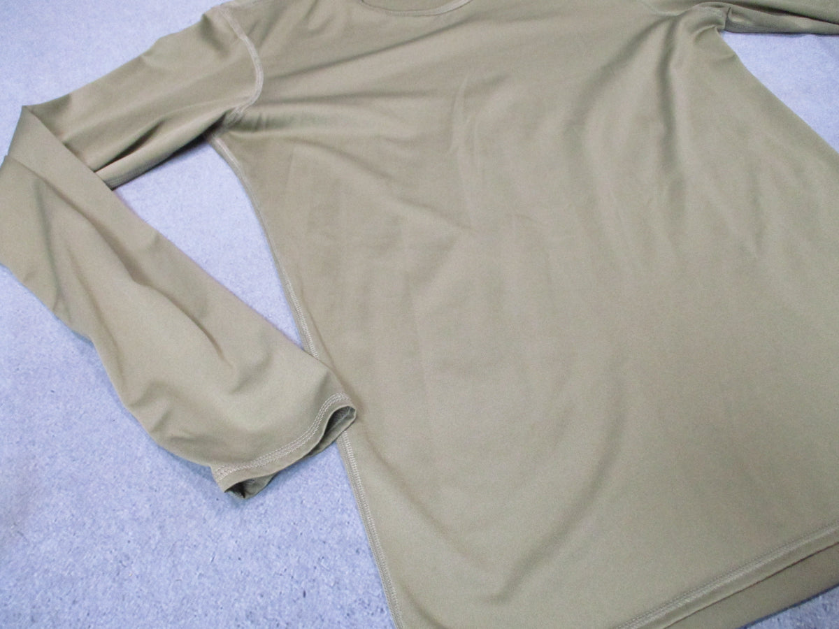 Milliken Military Silkweight Base Layer Top in Tan 499, front view with 19-inch pit-to-pit measurement notation