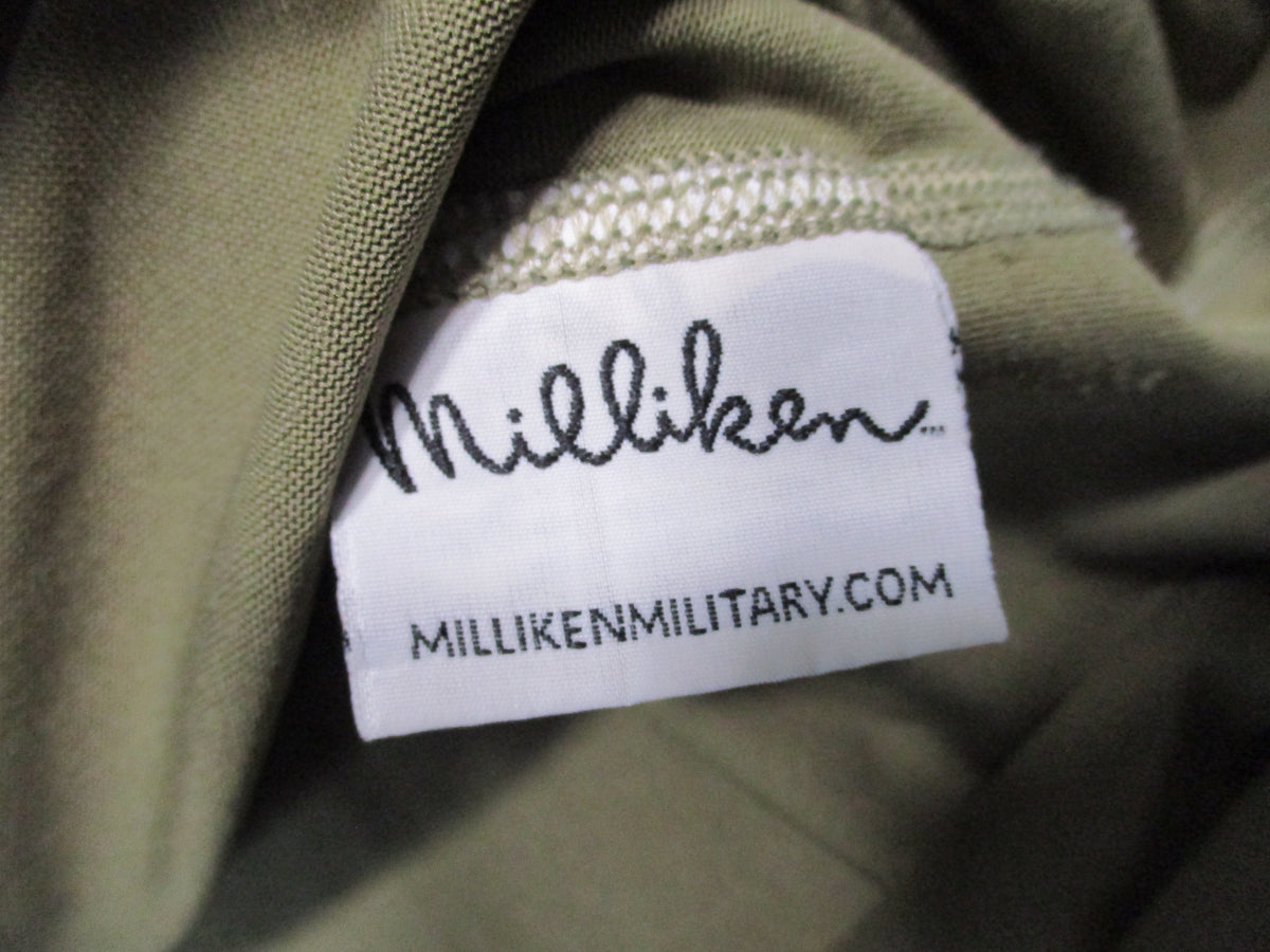 Milliken Military Silkweight Base Layer Top in Tan 499, showing front view and 19-inch pit-to-pit measurement.