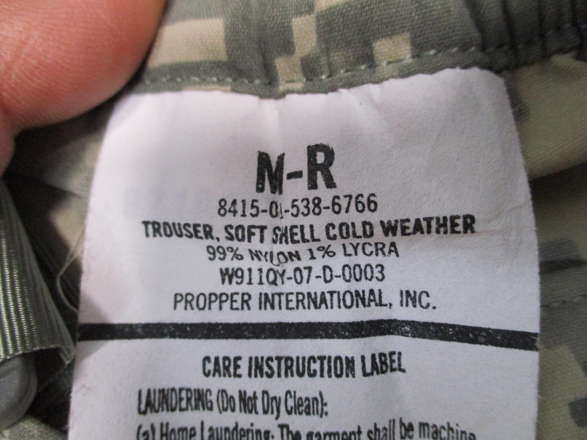 USGI Army ECWCS Gen III L5 soft shell trousers in UCP camouflage, medium regular fit, front view