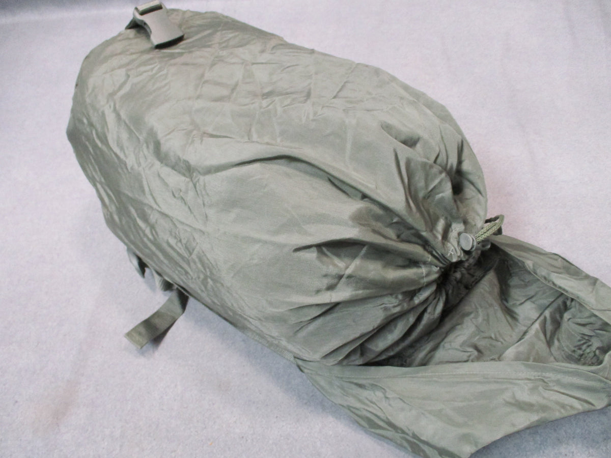 USGI US Army small compression stuff sack in urban gray, military gear bag shown flat with drawstring closure
