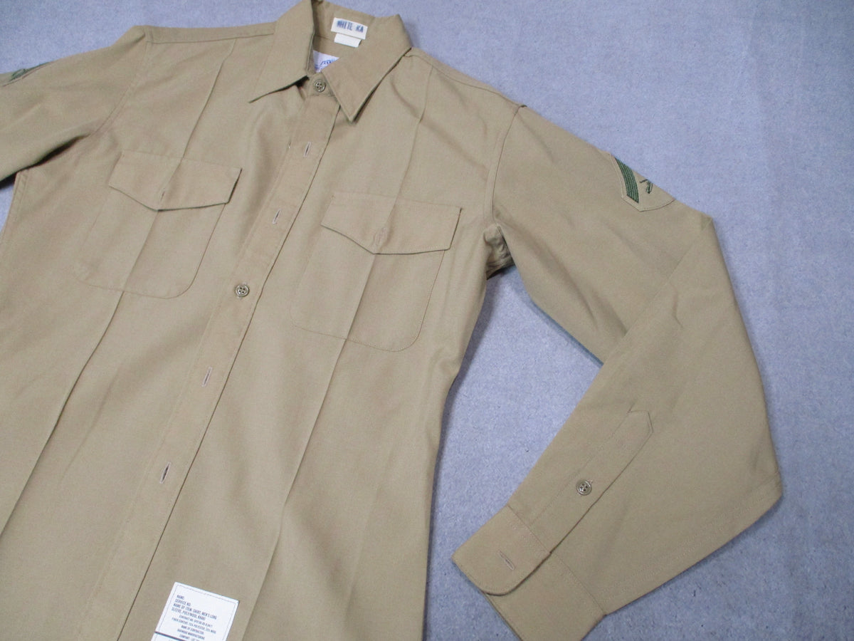 DSCP Valor Collection USGI USMC khaki dress uniform shirt, men's 16x37, LCpl rank insignia visible