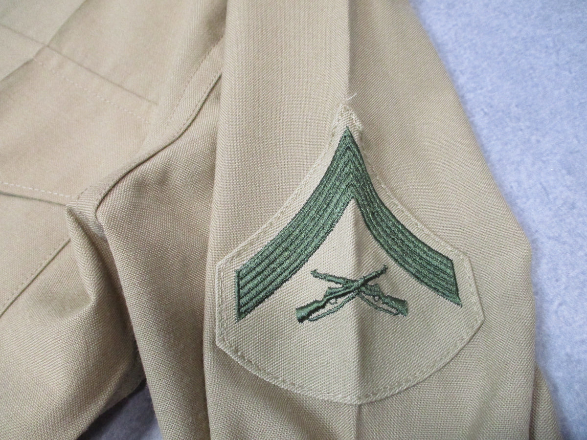 USGI USMC khaki dress uniform shirt for men, DSCP Valor Collection, 16x37 with LCpl rank insignia