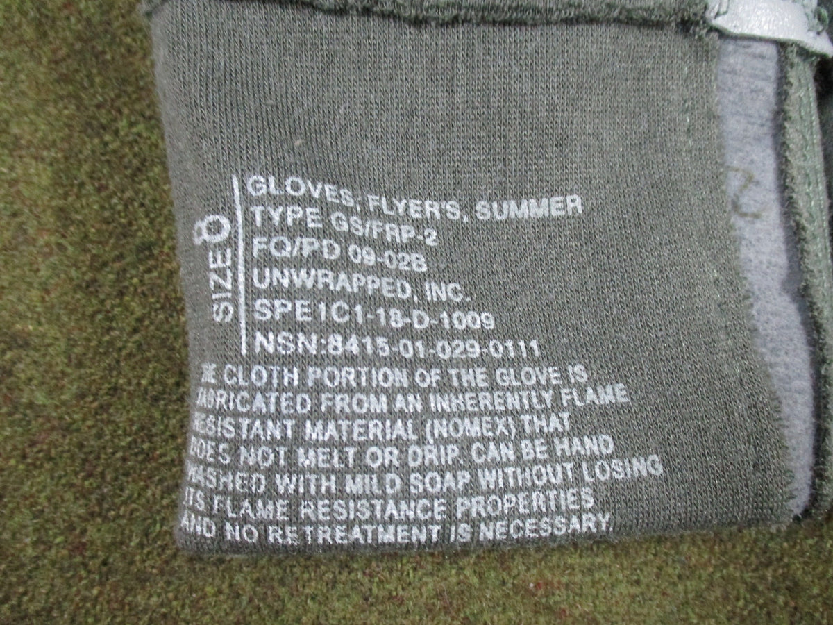 USGI Nomex Flight Gloves Size 8 GS/FRP-2 Summer Flyers Sage Green Leather NWOT