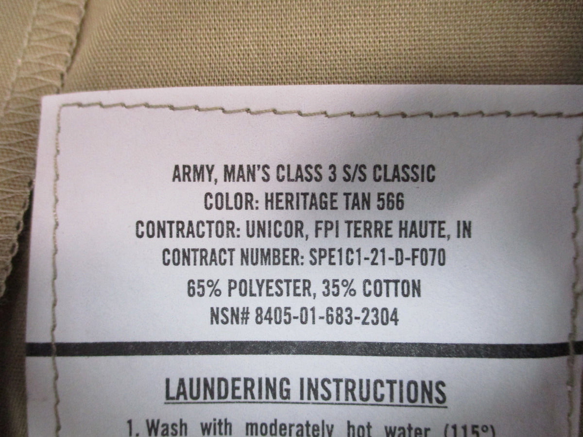 Genuine US Army Class 3 Heritage Tan 566 S/S Shirt 16.5R NSN 8405-01-683-2304